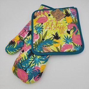 Karma 2pc Flamingo Kitchen Cooking Oven Mitt Pot Pad Set New!